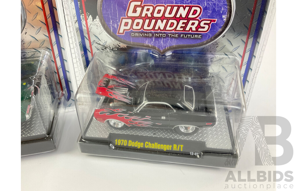 Castline Diecast M2 Machines Ground Pounders Including 1970 Dodge Challenger R/T, 1969 Pontiac GTO, 1954 Chevrolet 3100truck, 1969 Ford Mustang - 1:64 Scale