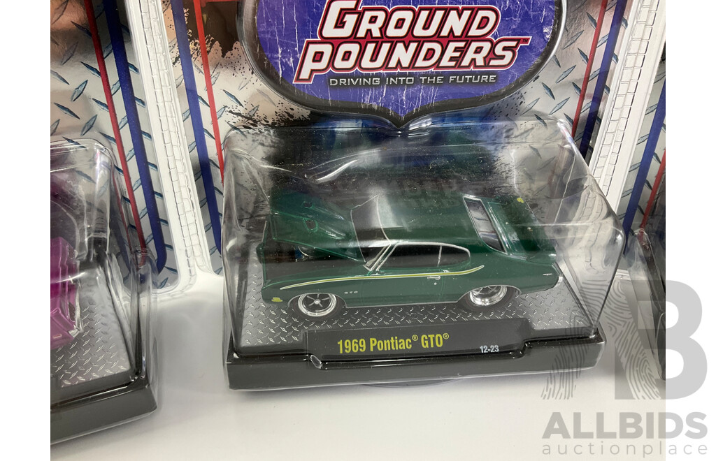 Castline Diecast M2 Machines Ground Pounders Including 1970 Dodge Challenger R/T, 1969 Pontiac GTO, 1954 Chevrolet 3100truck, 1969 Ford Mustang - 1:64 Scale