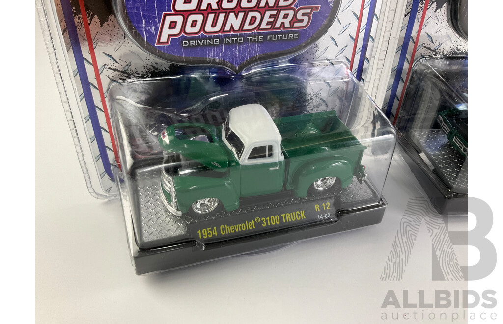 Castline Diecast M2 Machines Ground Pounders Including 1970 Dodge Challenger R/T, 1969 Pontiac GTO, 1954 Chevrolet 3100truck, 1969 Ford Mustang - 1:64 Scale