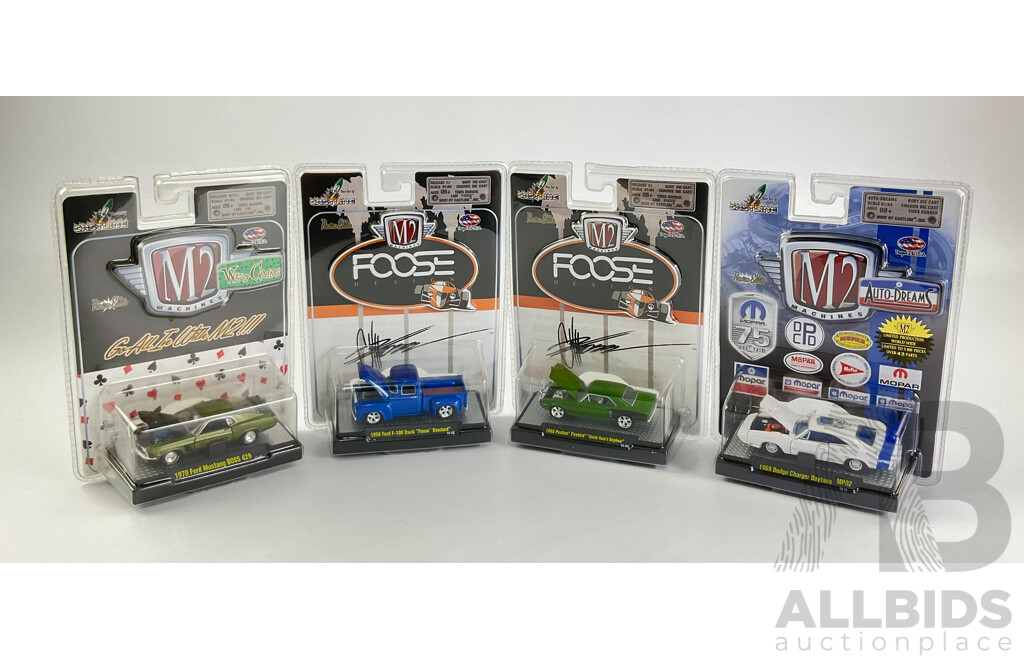 Castline Diecast M2 Machines Auto-Dreams, Foose Design and Wild Cards Including 1969 Dodge Charger Daytona, 1968 Pontiac Firebird ''Uncle Sam's Nephew'' 1956 Ford F-100 Truck''Foose Overlord'' 1970 Ford Mustang BOSS 429- 1:64 Scale