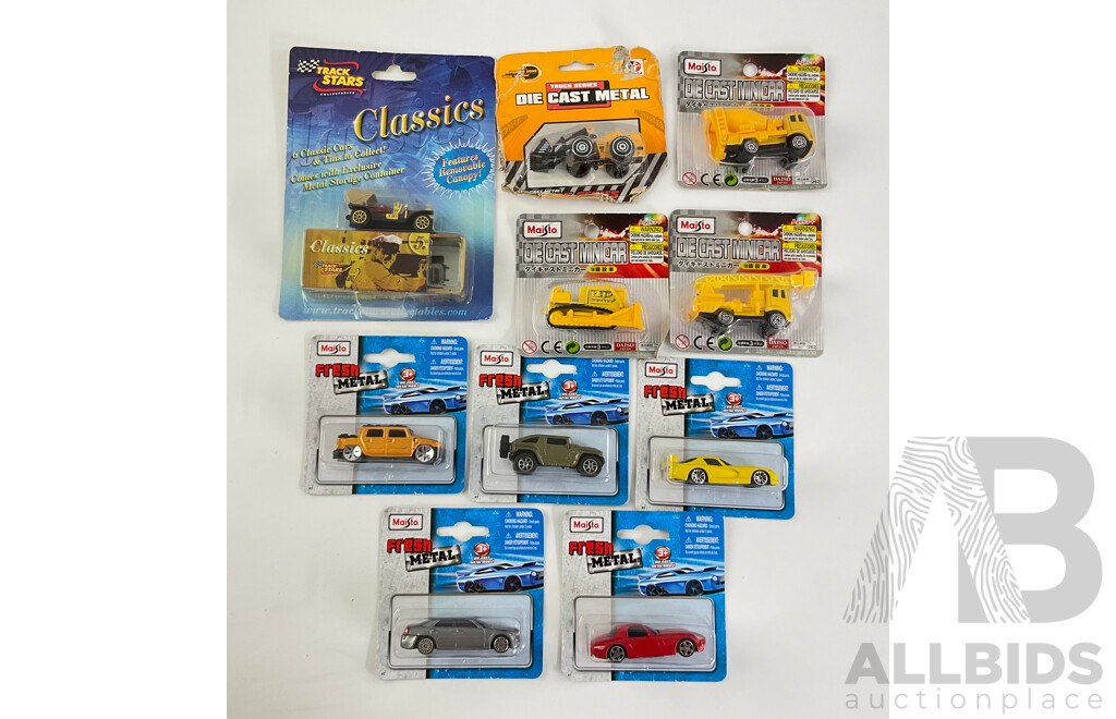 Collection of Boxed Diecast Cars and Construction Vehicles Including Maisto, Track Stars and Power Zone