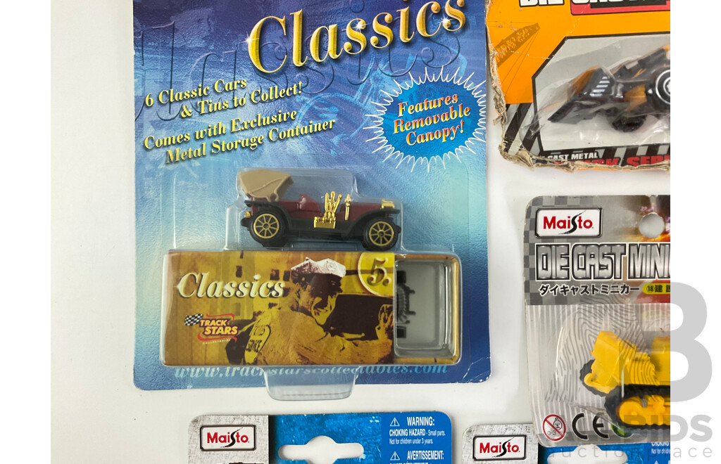 Collection of Boxed Diecast Cars and Construction Vehicles Including Maisto, Track Stars and Power Zone