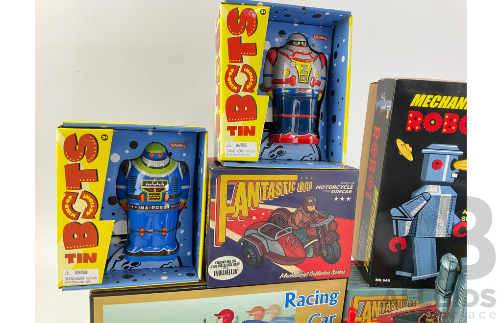 Collection of Pressed Steel Clock Work Vintage Style Cars, Motorcycle and Robots, Most with Original Boxes