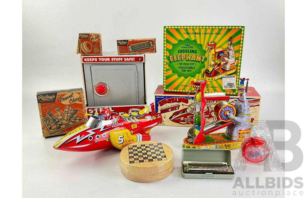 Collection of Vintage Style Toys Including Flash Gordon Rocket, Steel Safe, Yo-Yo, Travel Chess, Juggling Elephant, Harmonica with Original Boxes