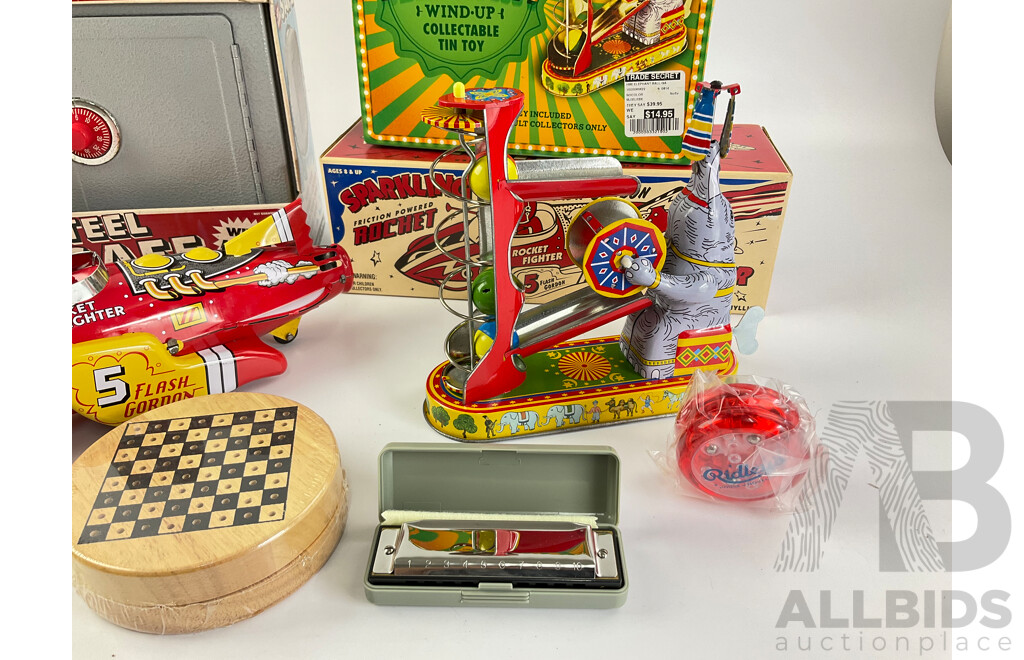 Collection of Vintage Style Toys Including Flash Gordon Rocket, Steel Safe, Yo-Yo, Travel Chess, Juggling Elephant, Harmonica with Original Boxes