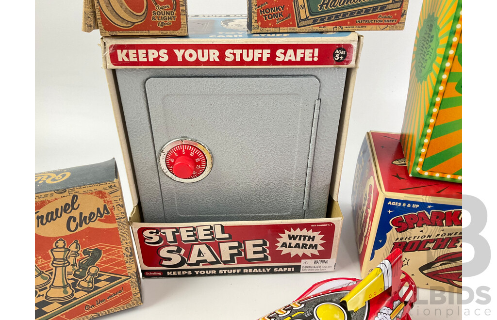 Collection of Vintage Style Toys Including Flash Gordon Rocket, Steel Safe, Yo-Yo, Travel Chess, Juggling Elephant, Harmonica with Original Boxes