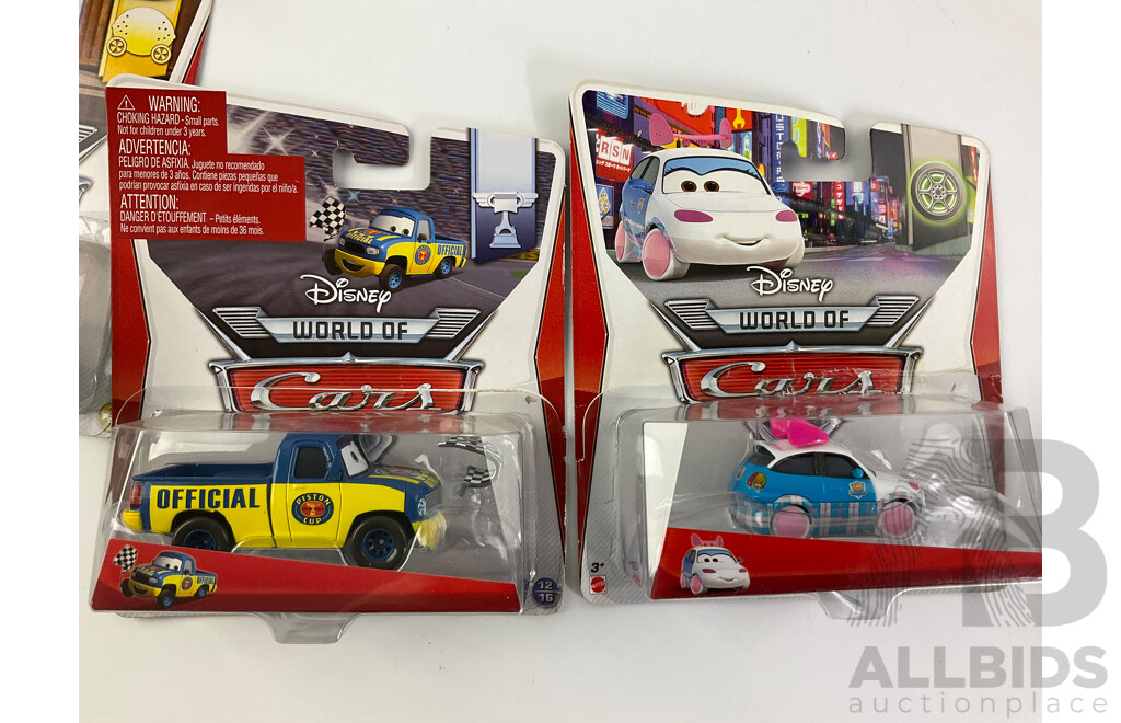 Collection of Boxed Diecast Mattel Disney World of Cars Including Petty Pacer, Lightning McQueen, Fillmore, Snot Rod and More