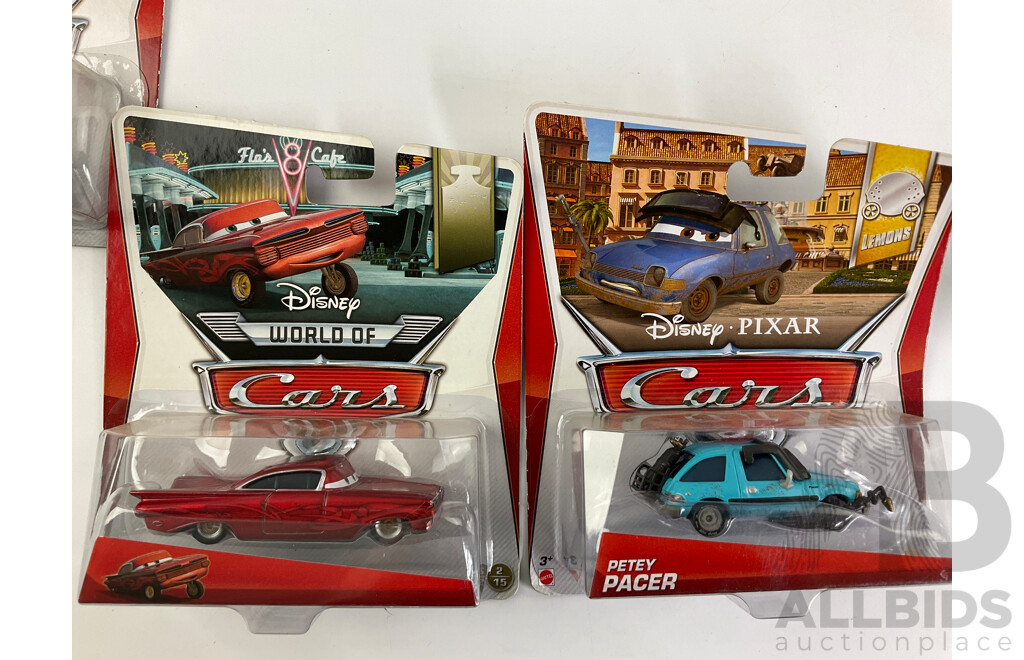 Collection of Boxed Diecast Mattel Disney World of Cars Including Petty Pacer, Lightning McQueen, Fillmore, Snot Rod and More