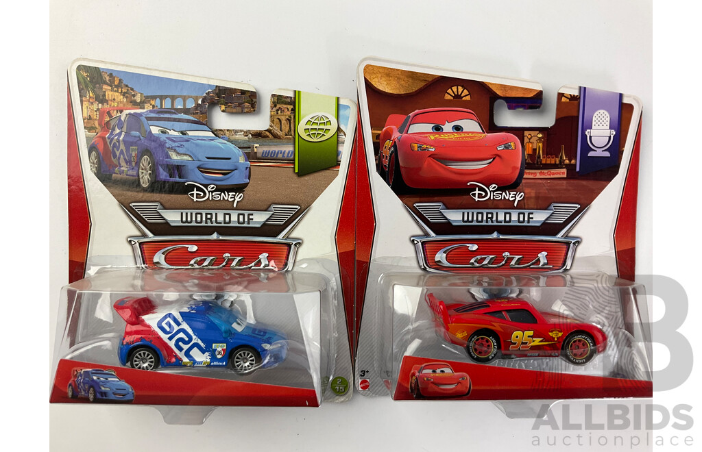 Collection of Boxed Diecast Mattel Disney World of Cars Including Petty Pacer, Lightning McQueen, Fillmore, Snot Rod and More