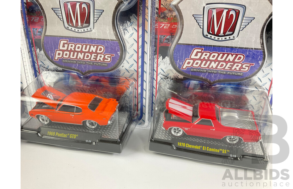 Castline Diecast M2 Machines Ground Pounders Including 1970 El Camino SS and 1969 Pontiac GTO - 1:64 Scale