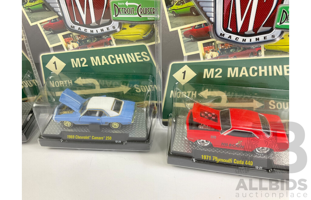 Castline Diecast M2 Machines Detroit Cruisers Including 1969 Chevrolet Camaro 250 and 197 Plymouth Cuda 440 - 1:64 Scale