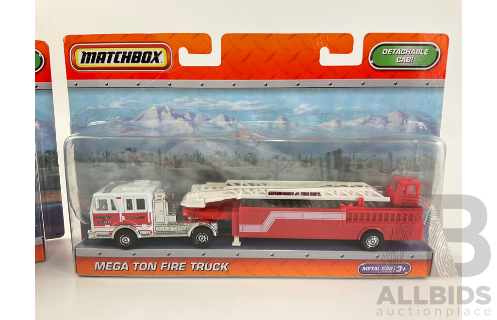 Boxed Matchbox Mega Ton Fire Truck and MBX Rig & Generator Trailer