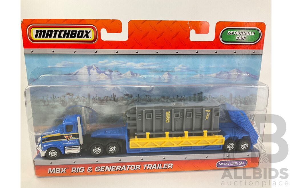 Boxed Matchbox Mega Ton Fire Truck and MBX Rig & Generator Trailer