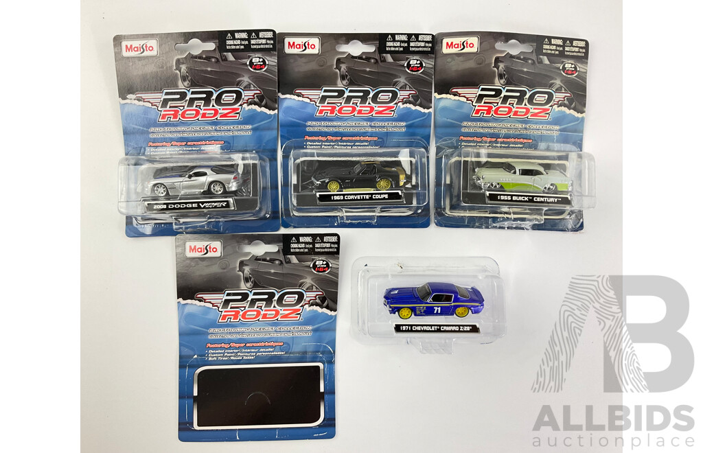 Four Diecast Maisto Pro Rodz Including 1955 Buick Century and 1969 Corvette Coupe - 1:64 Scale