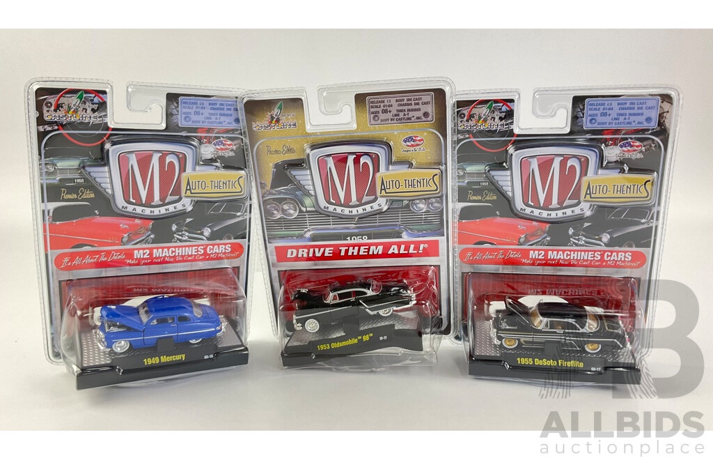 Three Diecast M2 Machines Auto-Thentics Including 1955 DeSoto Fireflite, 1949 Mercury and 1953 Oldsmobile - 1:64 Scale