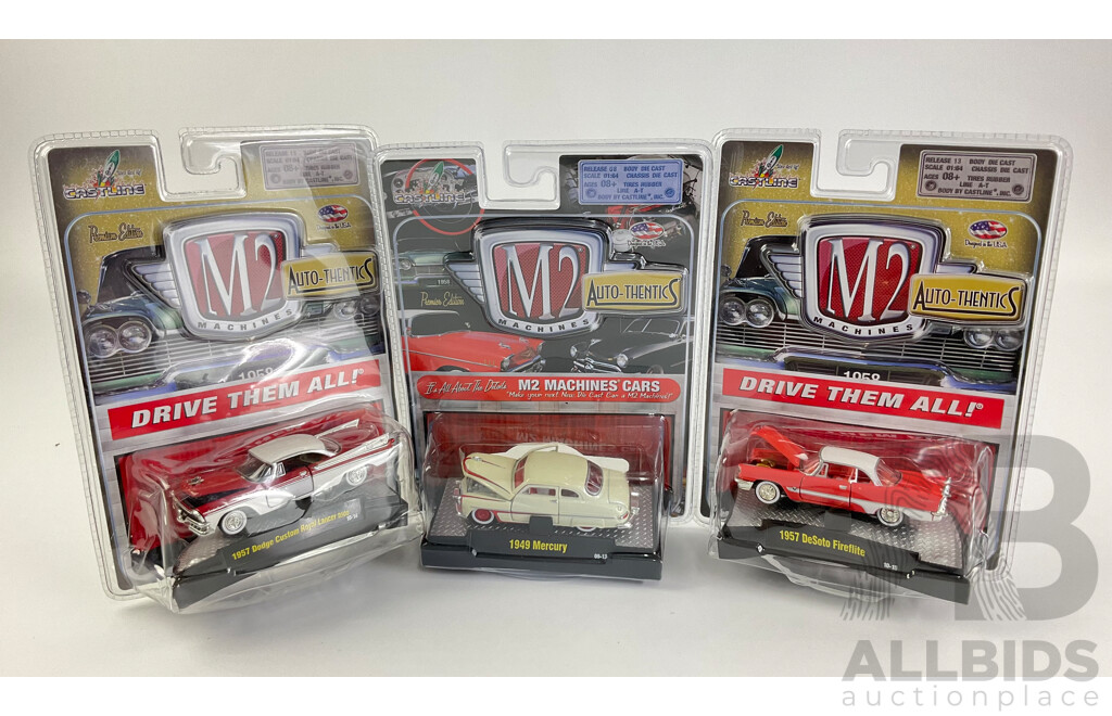 Three Diecast M2 Machines Auto-Thentics Including 1957 DeSoto Fireflite, 1957 Doge Custom Royal Lancer, 1949 Mercury  - 1:64 Scale