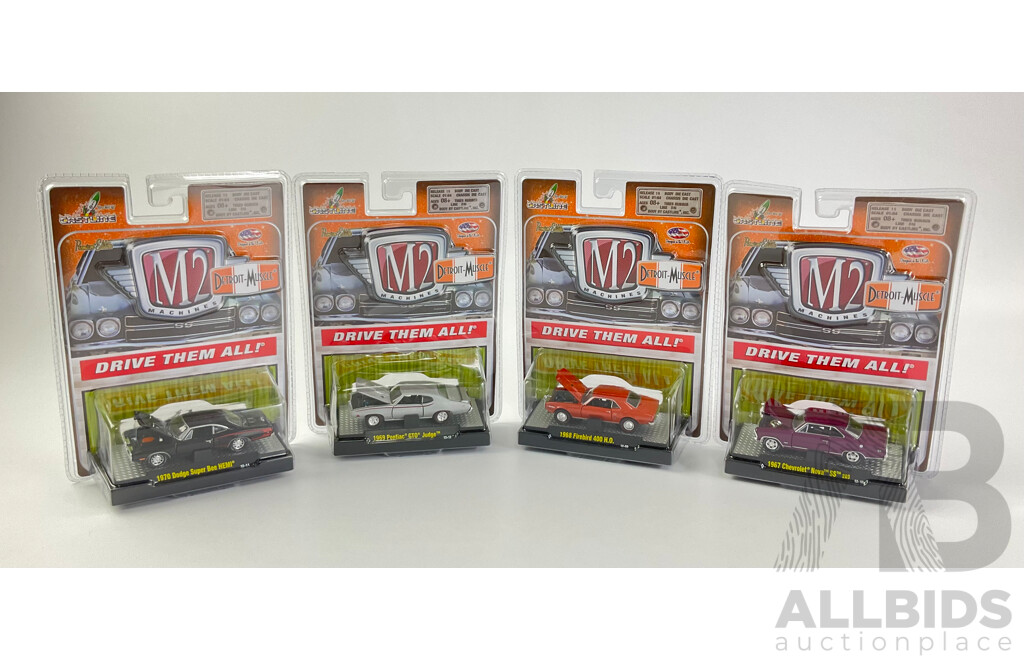 Four Diecast M2 Machines Detroit Muscle Including 1967 Chevolet Nova SS and 1968 Firebird 400 H.O  - 1:64 Scale