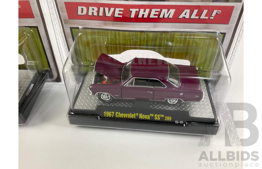 Four Diecast M2 Machines Detroit Muscle Including 1967 Chevolet Nova SS and 1968 Firebird 400 H.O  - 1:64 Scale