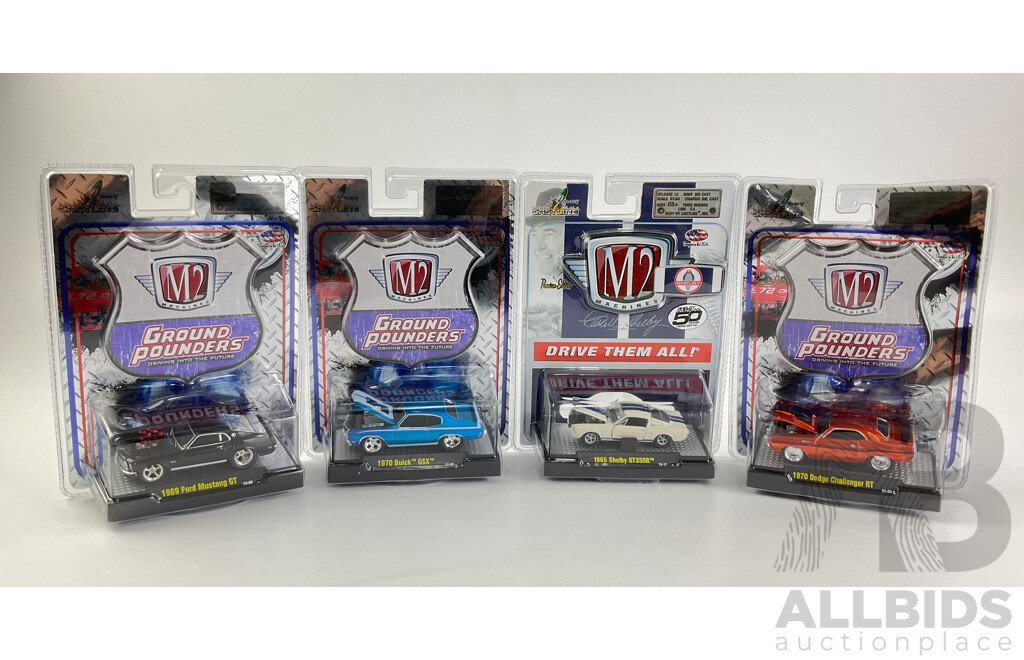 Four Diecast M2 Machines Ground Pounders and Shelby 50 Years Including 1970 Buick GSX and 1970 Dodge Challenger RT - 1:64 Scale