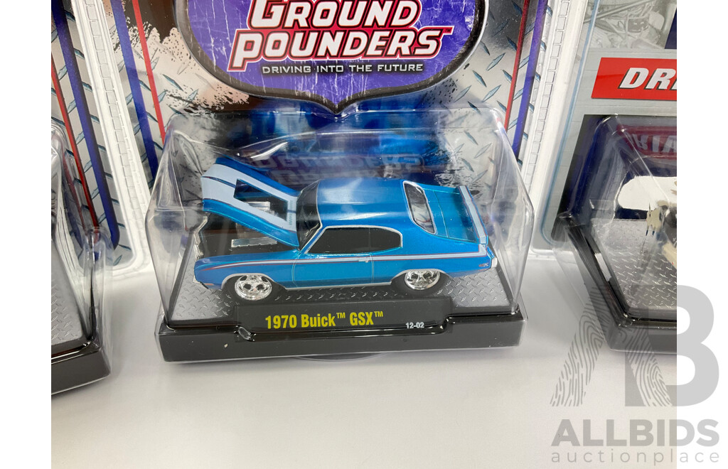 Four Diecast M2 Machines Ground Pounders and Shelby 50 Years Including 1970 Buick GSX and 1970 Dodge Challenger RT - 1:64 Scale