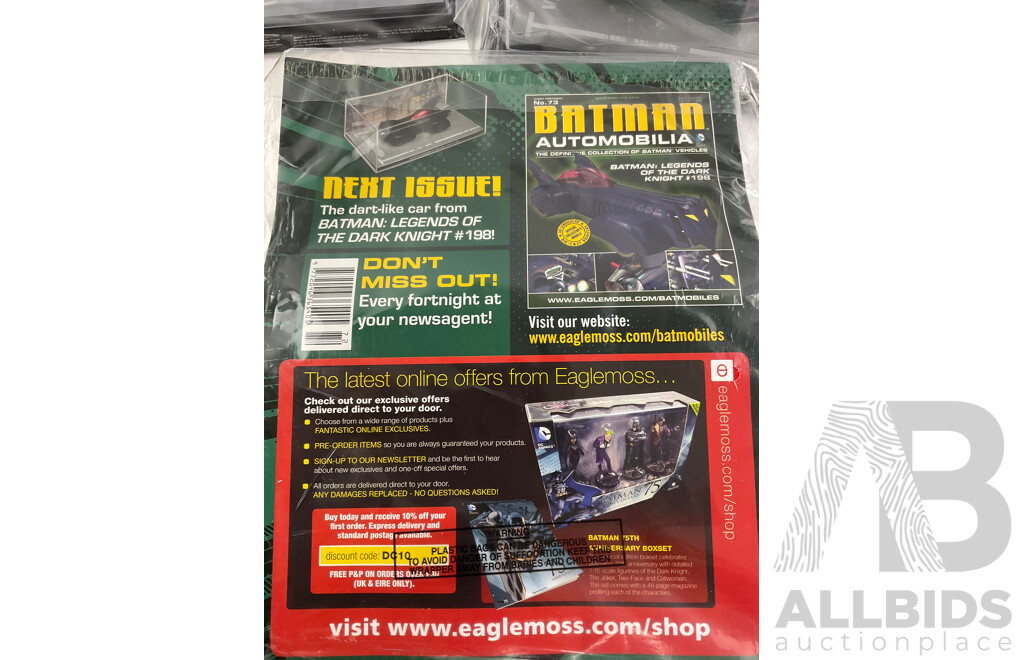 Batman Automobilia Cars and Booklets in Sealed Bags, Numbers 70, 71, 72, 73, 74