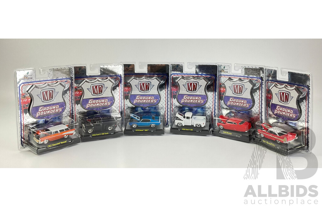 Castline Diecast M2 Machines Ground Pounders Including 1956 Ford F-100, 1970 Buick GSX, 1957 Chevrolet Nomad - 1:64 Scale