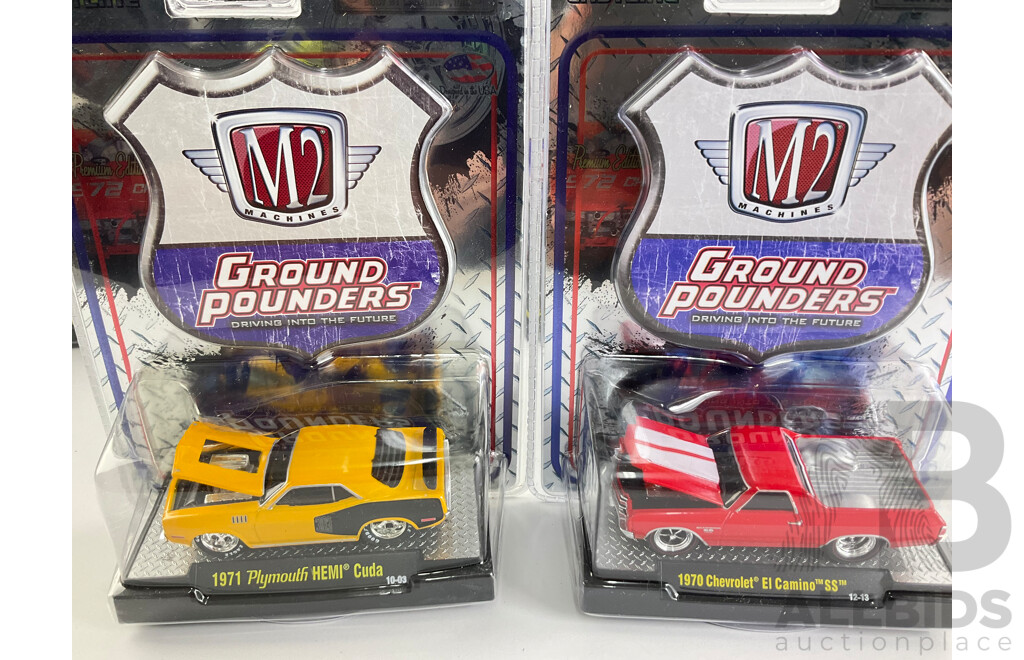 Castline Diecast M2 Machines Ground Pounders Including 1969 Ford Mustang Boss 429, 1970 Dodge Challenger RT, 1970 Chevrolet El Camino SS