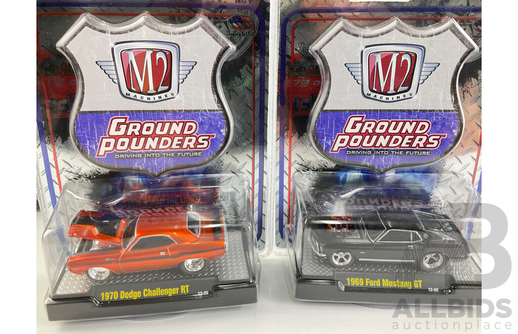 Castline Diecast M2 Machines Ground Pounders Including 1969 Ford Mustang Boss 429, 1970 Dodge Challenger RT, 1970 Chevrolet El Camino SS