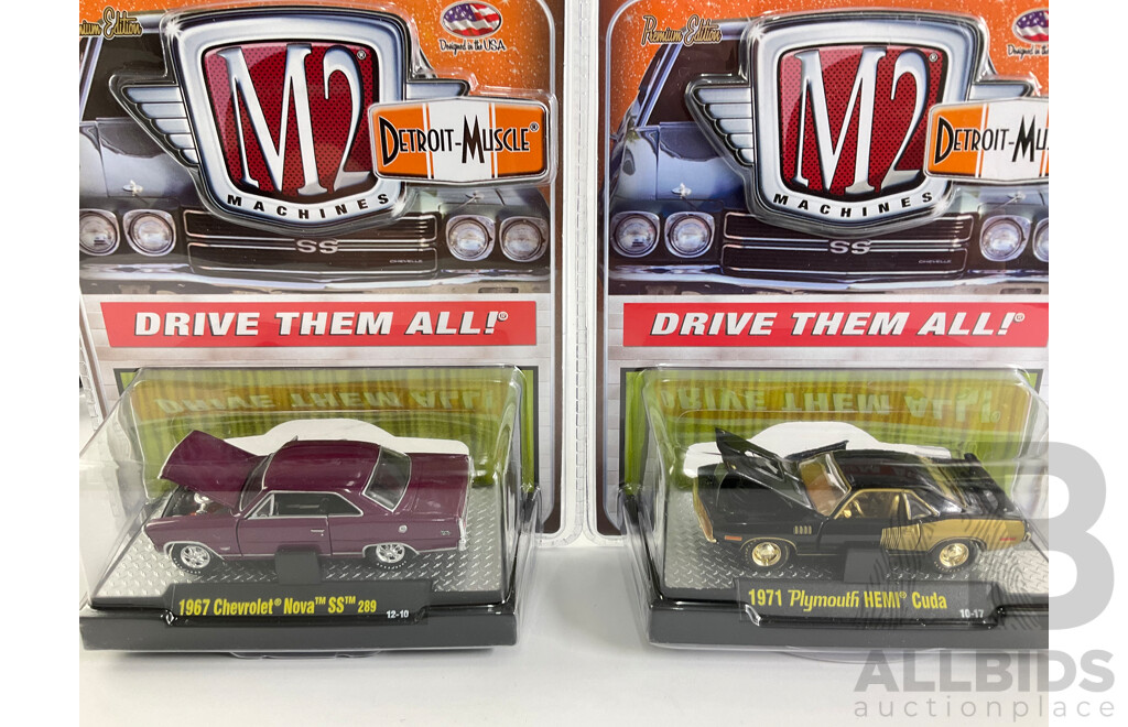 Castline Diecast M2 Machines Detroit Muscle Including 1970 Dodge Super Bee Hemi, 1970 Chevrolet Chevelle SS, 1966 Ford Mustang Fastback GT - 1:64 Scale