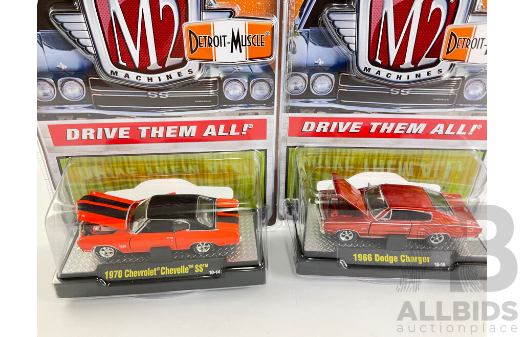 Castline Diecast M2 Machines Detroit Muscle Including 1970 Dodge Super Bee Hemi, 1970 Chevrolet Chevelle SS, 1966 Ford Mustang Fastback GT - 1:64 Scale