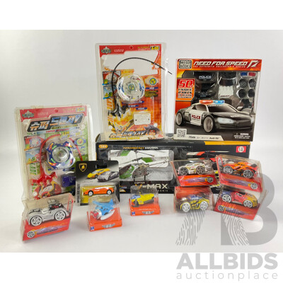 Assortment of Boxed Toys Including V-Max Hypersonic Helicopter, Mega Bloks Need for Speed, Flash Track Stars