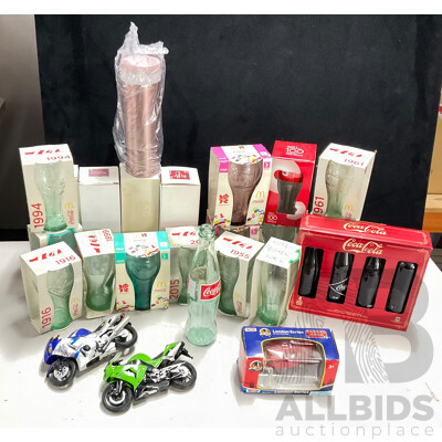 Collection of Boxed Coca Cola Glasses Thermoses, London Bus and Motorbikes
