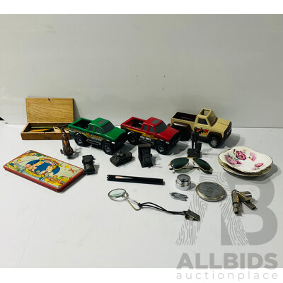 Collection Mixed Items Including Toy Trucks, Pencil Sharpeners, Sun Glasses Marked Ray Ban, Tin Whistles and More