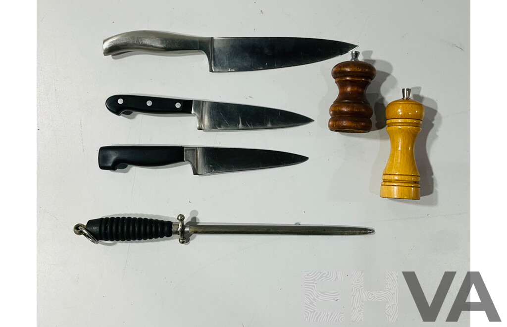 Collection Three Chefs Knives Including Henckells, Wustoff, Soligen Steel Along with Marlaux and Mr Dudley Pepper Grinders