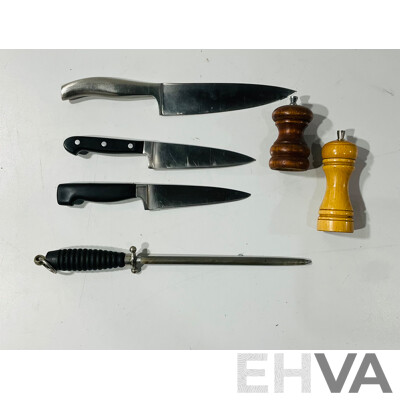 Collection Three Chefs Knives Including Henckells, Wustoff, Soligen Steel Along with Marlaux and Mr Dudley Pepper Grinders