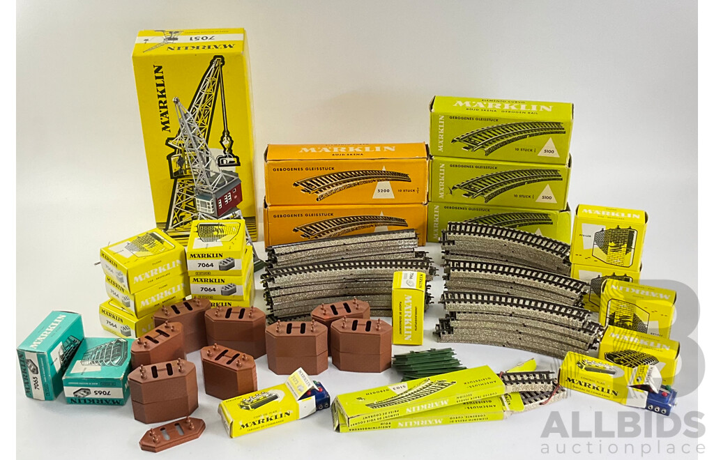 Collection of Vintage Marklin HO Scale Items Including Remotely Controlled Slewing Crane with Lifting Magnet, Track Curves, Piers, Pillers, Base Plates with Original Boxes, Made in West Germany