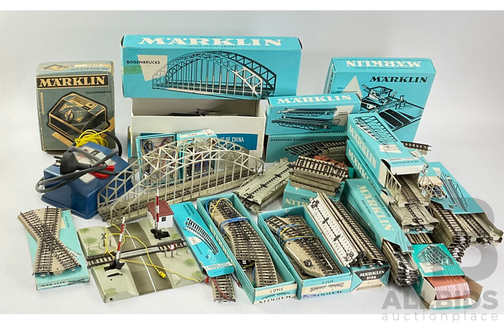 Collection of Vintage Marklin HO Scale Items Including Level Crossing, Power Transformer, Cross Over, Points, Signals, Arched Bridge, Girder Bridge, Track Straights and Curves with Original Boxes, Made in West Germany