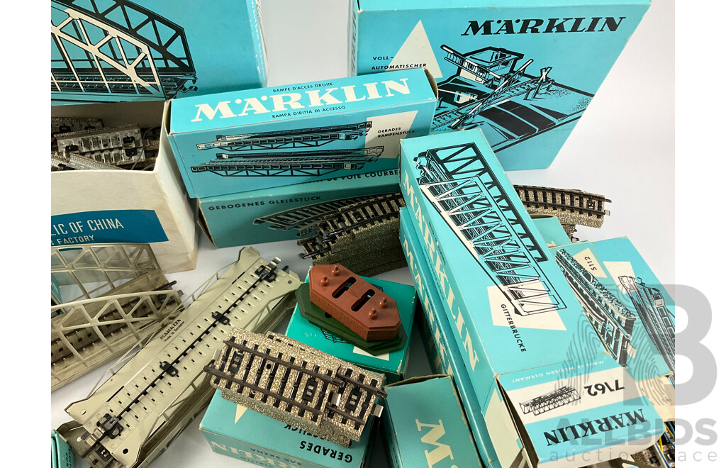 Collection of Vintage Marklin HO Scale Items Including Level Crossing, Power Transformer, Cross Over, Points, Signals, Arched Bridge, Girder Bridge, Track Straights and Curves with Original Boxes, Made in West Germany