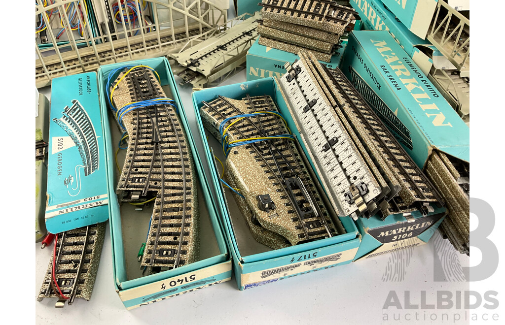 Collection of Vintage Marklin HO Scale Items Including Level Crossing, Power Transformer, Cross Over, Points, Signals, Arched Bridge, Girder Bridge, Track Straights and Curves with Original Boxes, Made in West Germany