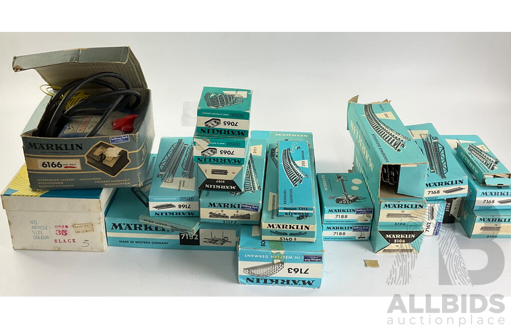 Collection of Vintage Marklin HO Scale Items Including Level Crossing, Power Transformer, Cross Over, Points, Signals, Arched Bridge, Girder Bridge, Track Straights and Curves with Original Boxes, Made in West Germany