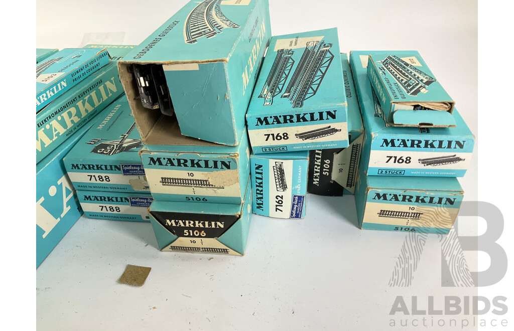 Collection of Vintage Marklin HO Scale Items Including Level Crossing, Power Transformer, Cross Over, Points, Signals, Arched Bridge, Girder Bridge, Track Straights and Curves with Original Boxes, Made in West Germany