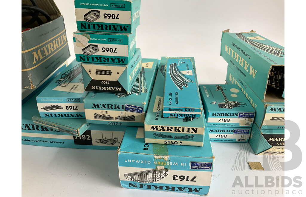 Collection of Vintage Marklin HO Scale Items Including Level Crossing, Power Transformer, Cross Over, Points, Signals, Arched Bridge, Girder Bridge, Track Straights and Curves with Original Boxes, Made in West Germany