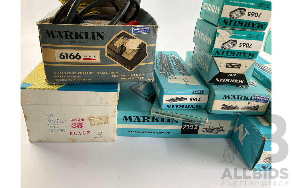 Collection of Vintage Marklin HO Scale Items Including Level Crossing, Power Transformer, Cross Over, Points, Signals, Arched Bridge, Girder Bridge, Track Straights and Curves with Original Boxes, Made in West Germany