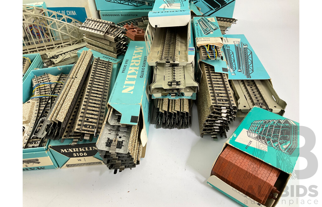 Collection of Vintage Marklin HO Scale Items Including Level Crossing, Power Transformer, Cross Over, Points, Signals, Arched Bridge, Girder Bridge, Track Straights and Curves with Original Boxes, Made in West Germany