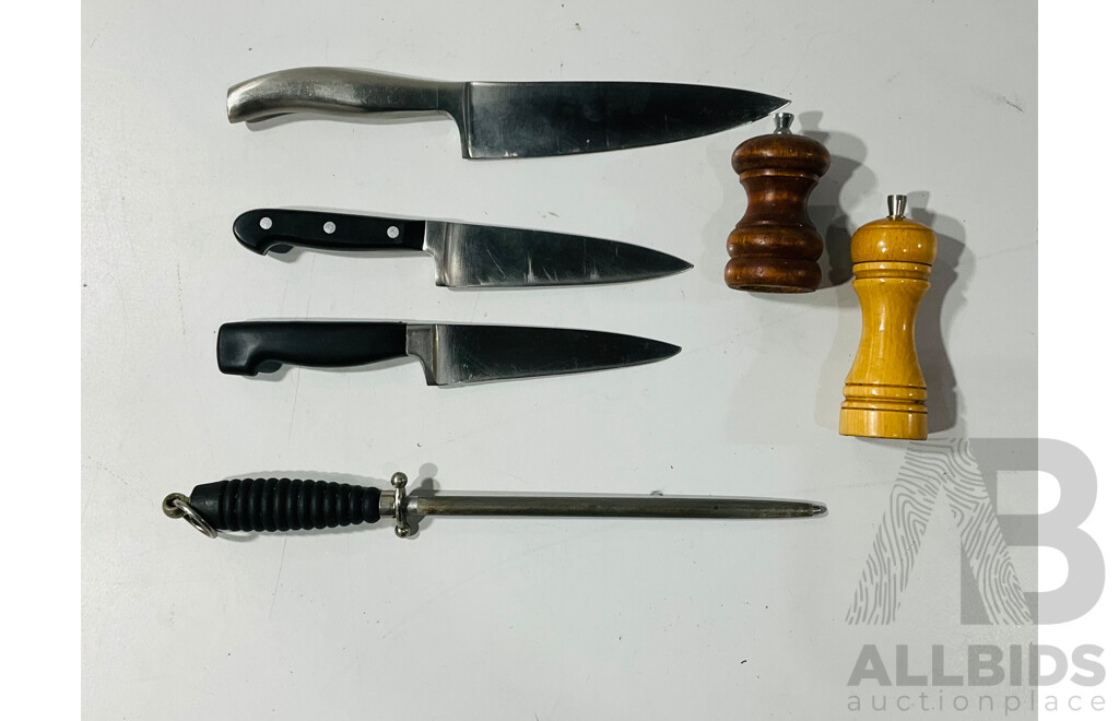 Collection Three Chefs Knives Including Henckells, Wustoff, Soligen Steel Along with Marlaux and Mr Dudley Pepper Grinders