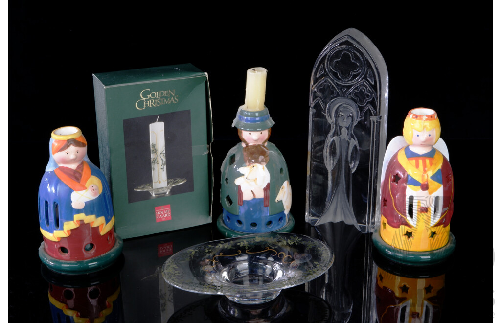 Collection Decorator Items Comprising Three Villeroy & Boch Candle Holders, Holmegaard Glass Dish in Original Box & Matts Jonasson Crystal Madonna Figure