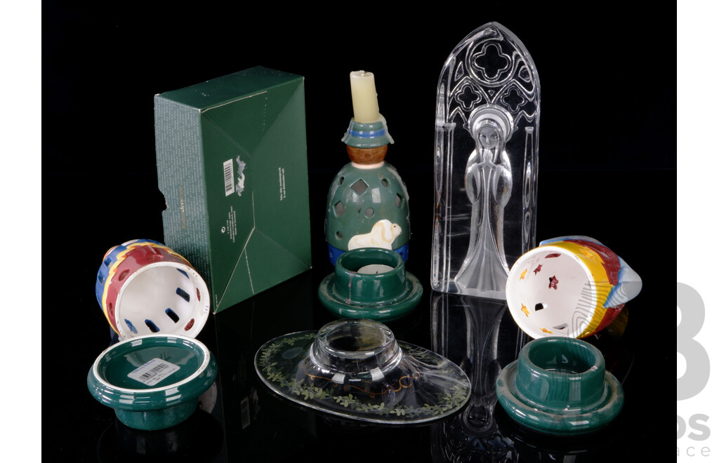 Collection Decorator Items Comprising Three Villeroy & Boch Candle Holders, Holmegaard Glass Dish in Original Box & Matts Jonasson Crystal Madonna Figure