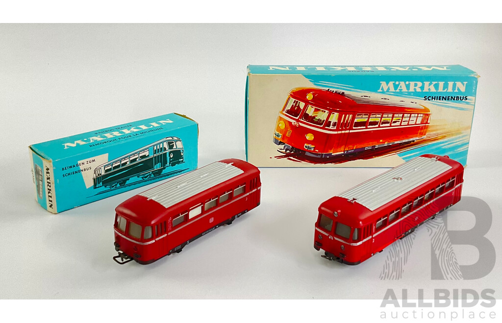 Vintage Marklin Three Rail HO Scale Rail Bus and Trailer 4018 and 3016, with Original Boxes, Made in West Germany