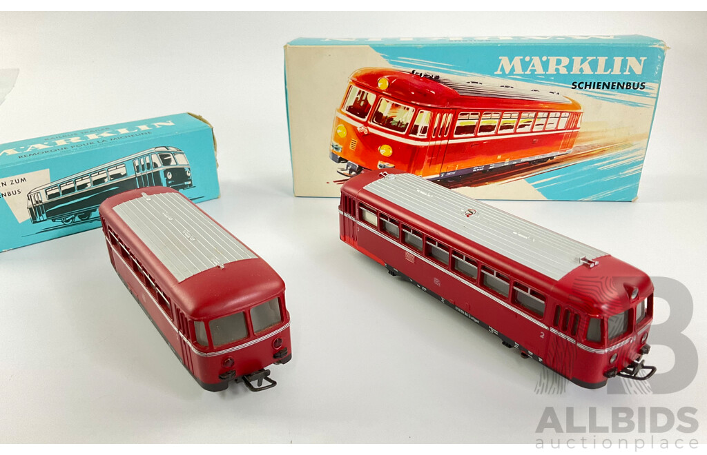 Vintage Marklin Three Rail HO Scale Rail Bus and Trailer 4018 and 3016, with Original Boxes, Made in West Germany