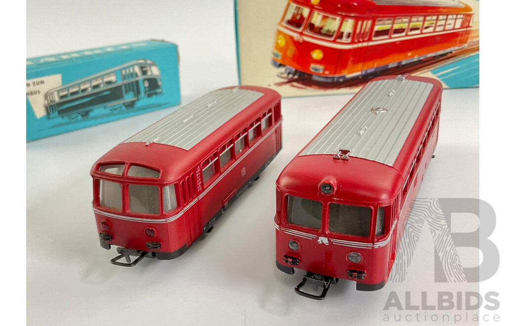 Vintage Marklin Three Rail HO Scale Rail Bus and Trailer 4018 and 3016, with Original Boxes, Made in West Germany